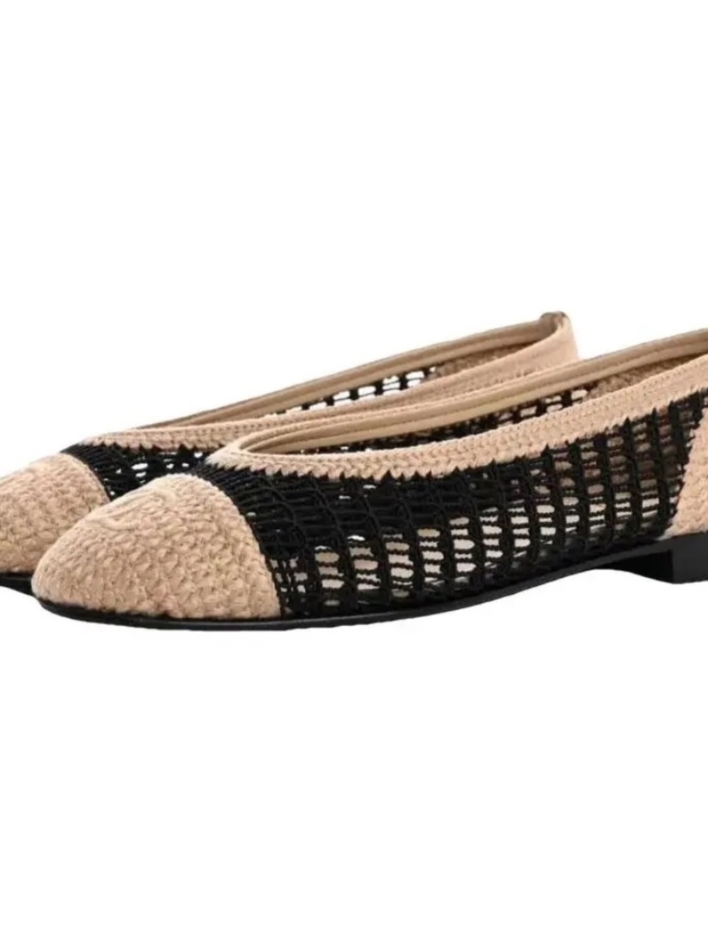 Chanel Raffia Crochet CC Cap Toe Ballet Flats Beige Black Size 36 w/ Box,Receipt - Picture 2 of 7